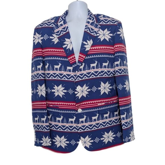 OppoSuits Reindeer Snowflake Blazer Mens Size 46 Blue Christmas Holiday Jacket - Picture 1 of 10